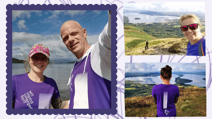Image description: Collage of three photos. First photo is a selfie of a man and a woman wearing EPT t-shirts in front of water. Second photo is a picturesque photo of a woman walking Snowdon. Third picture is a woman wearing an EPT top with her back to the camera with a view of a lake in the distance
