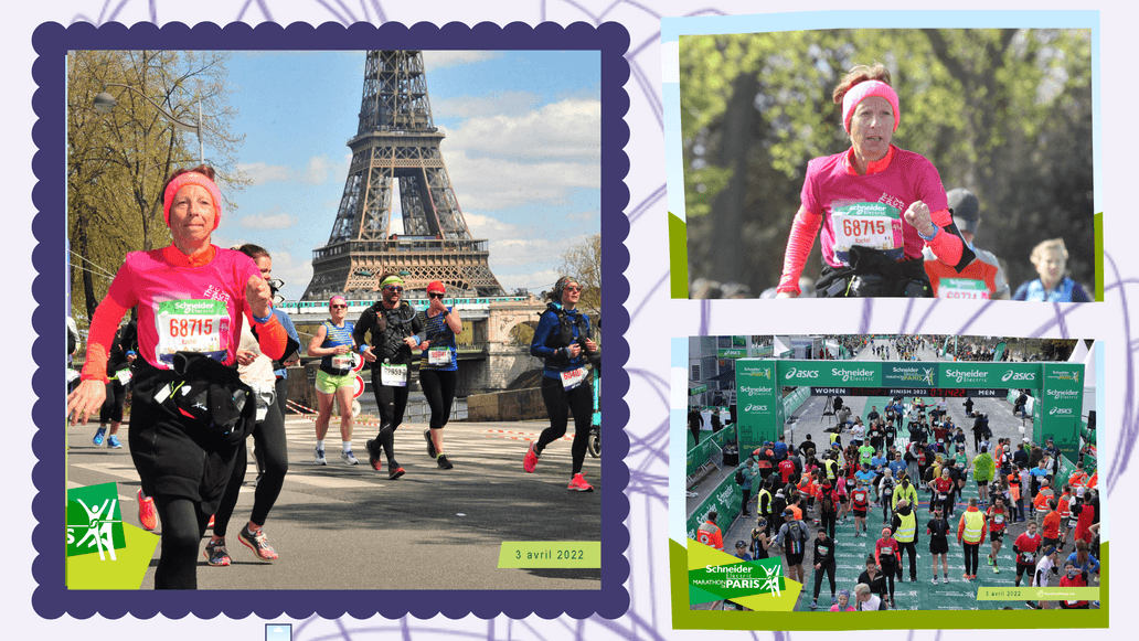three photos of Rachel running the Paris Marathon for The Ectopic Pregnancy Trust in a collage