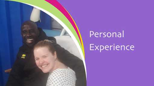 An image of Lynda in hospital being visited by a Queens Park Rangers football player