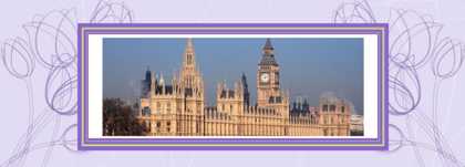 A photo of the Houses of Parliament buildings in a purple frame