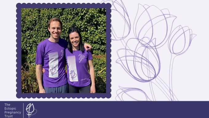 Image Description: A photo of a man with his arm around a woman, both wearing purple Ectopic Pregnancy Trust t-shirts standing against a green background. The photo is in a dark purple frame against a light purple background.