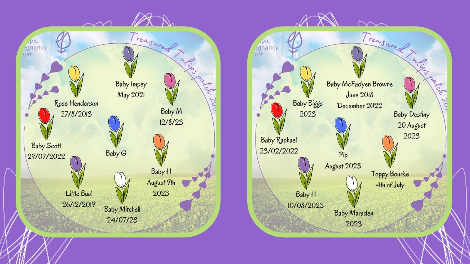 Banner with two Treasured Tulips commemorative illustrations